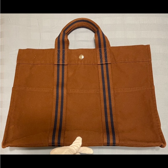 Authentic Hermes Large Vintage Rust and Navy Canvas Tote Bag - Picture 2 of 16